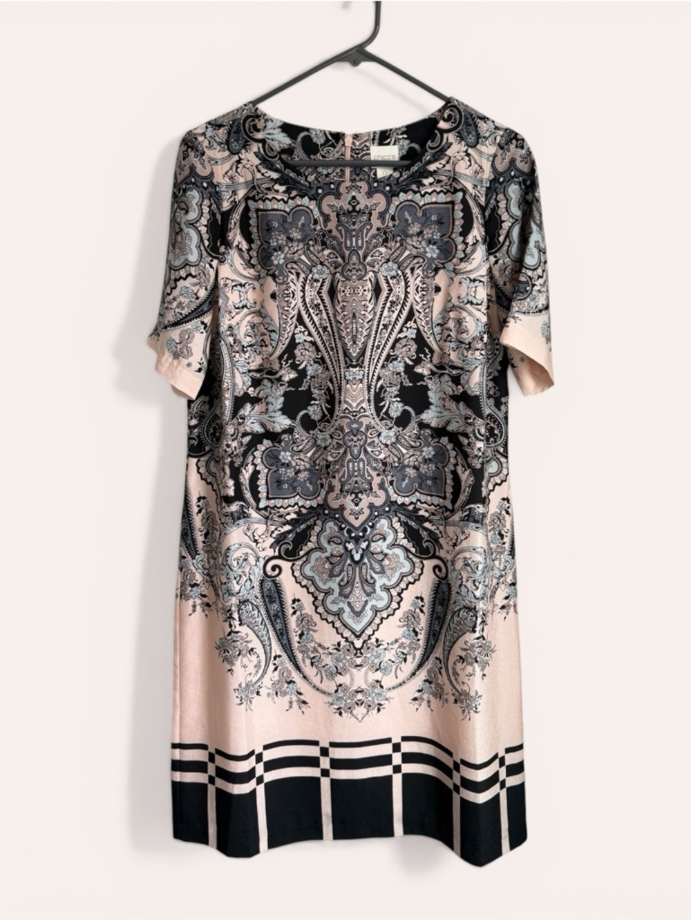 Chico’s Sz 0 Careerwear Paisley Shift Dress Pink Black Career Event Midi length - Picture 2 of 15